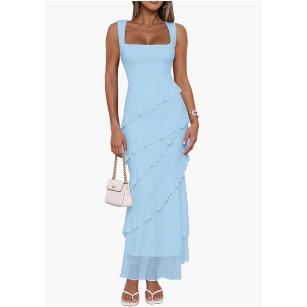 Light Blue Ruffle Mesh Maxi Dress Square Neck Sleeveless XS Formal Wedding Guest